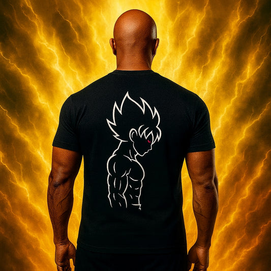 SHONENFLEX Saiyan Surge black athletic shirt, back view